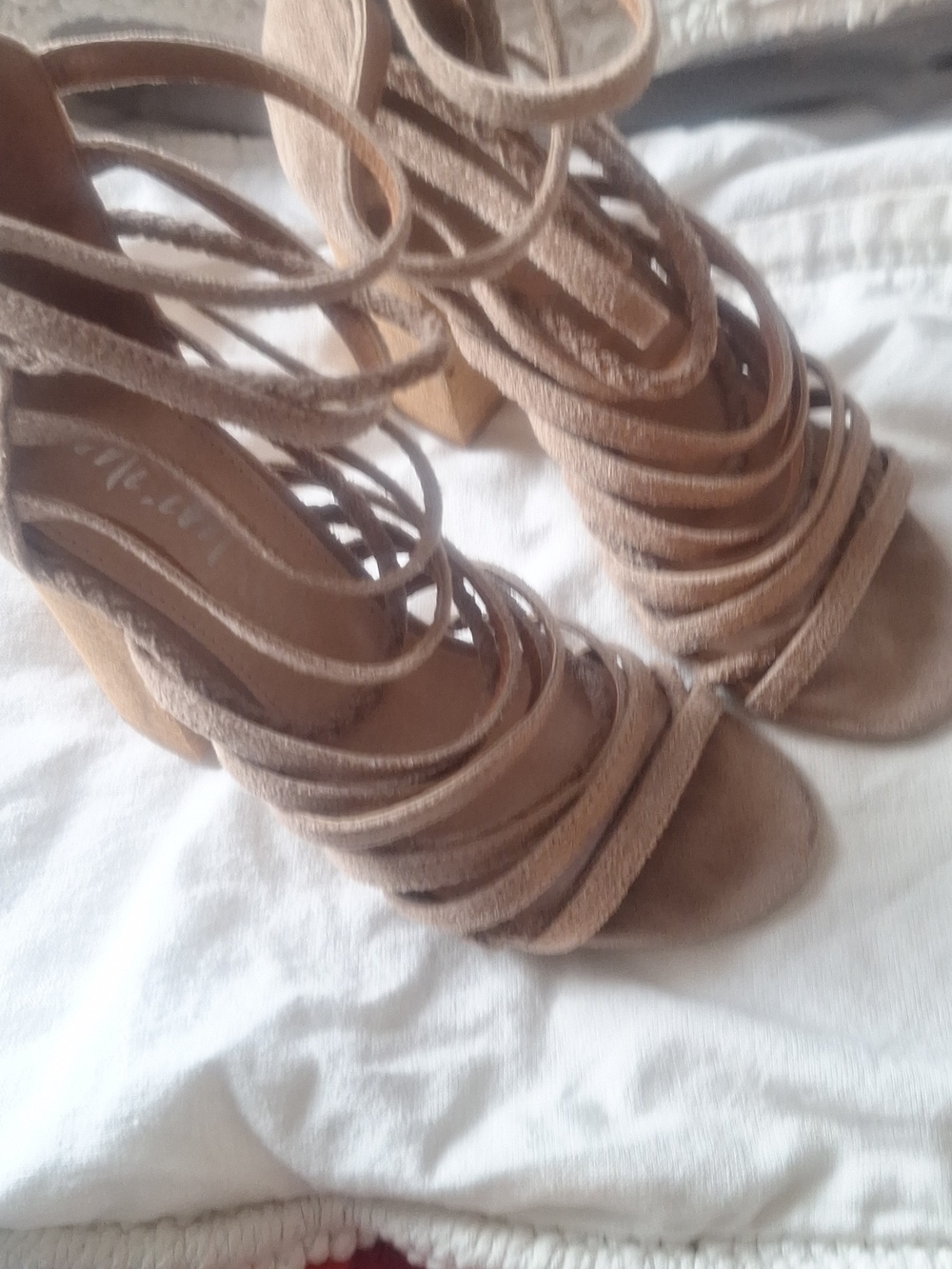 mi,im Strappy Taupe Suede High Block Heel Sandals - Women Geniune Leather Size 7
